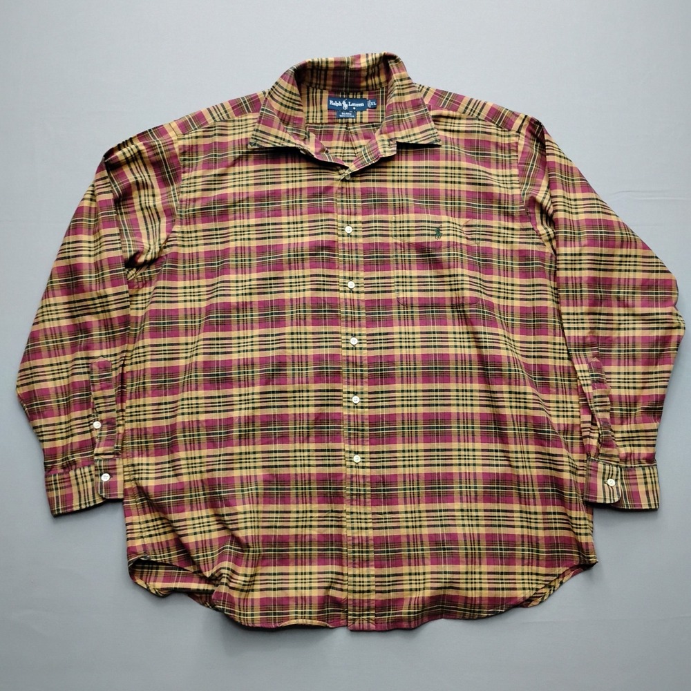 Ralph Lauren Blaire Mens XL Plaid Button Down Shirt Long Sleeve Burgundy Yellow